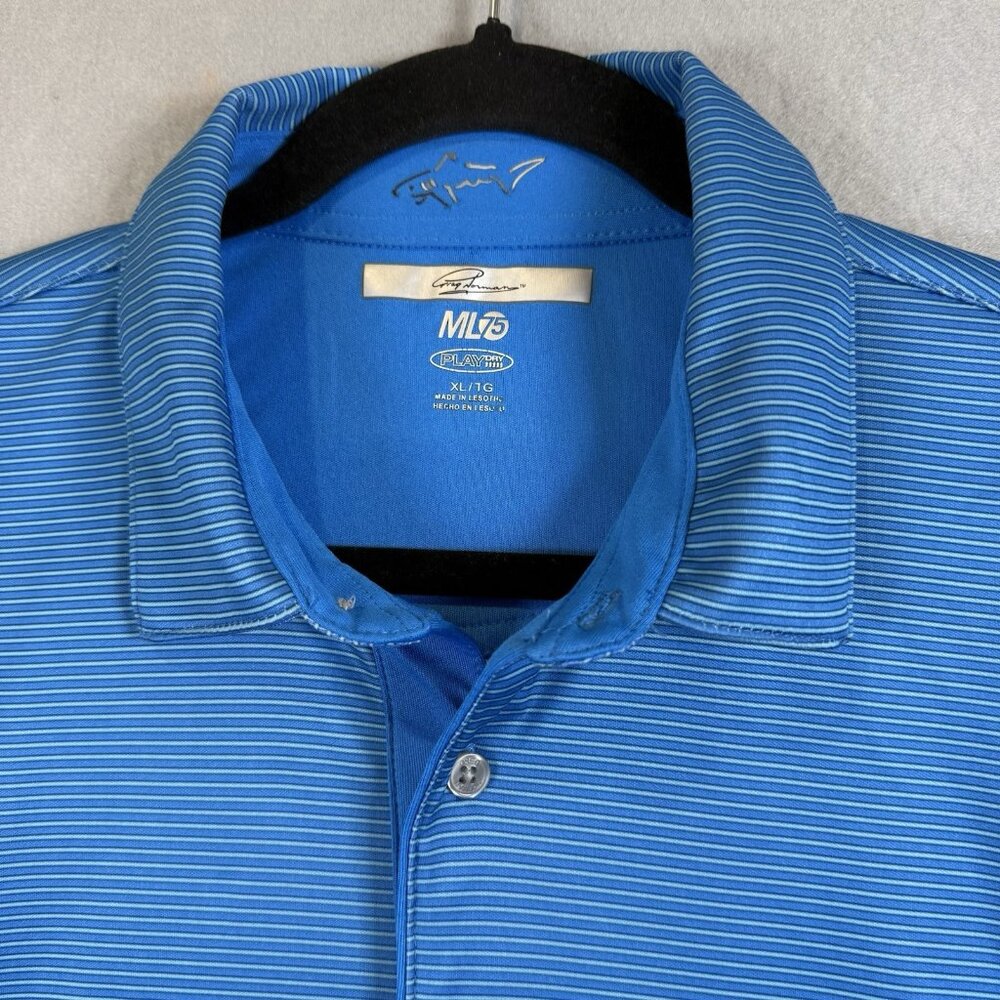 Greg Norman Shark Polo Shirt Blue StripeShort Sleeve Mens XL 3-Button Polyester - Picture 4 of 11
